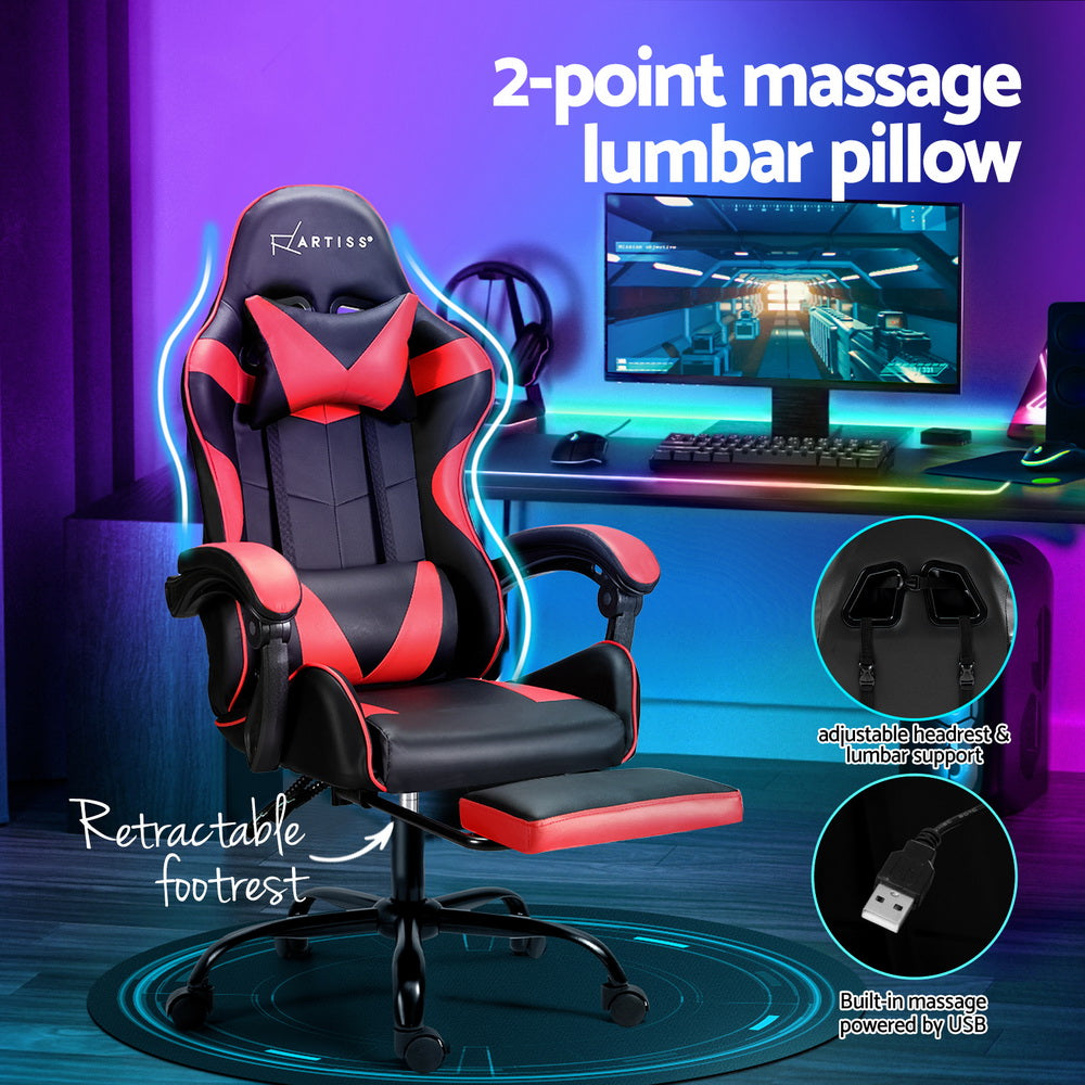 Red Artiss 2-point massage gaming office chair footrest with adjustable design, ergonomic cushioning, and Hlpmedical branding.