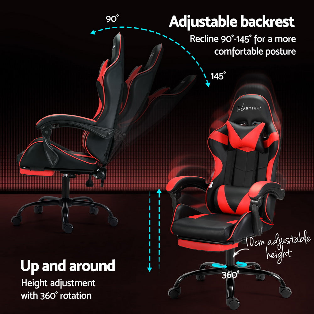 Red Artiss 2-point massage gaming office chair footrest with adjustable design, comfortable cushion, and ergonomic support.