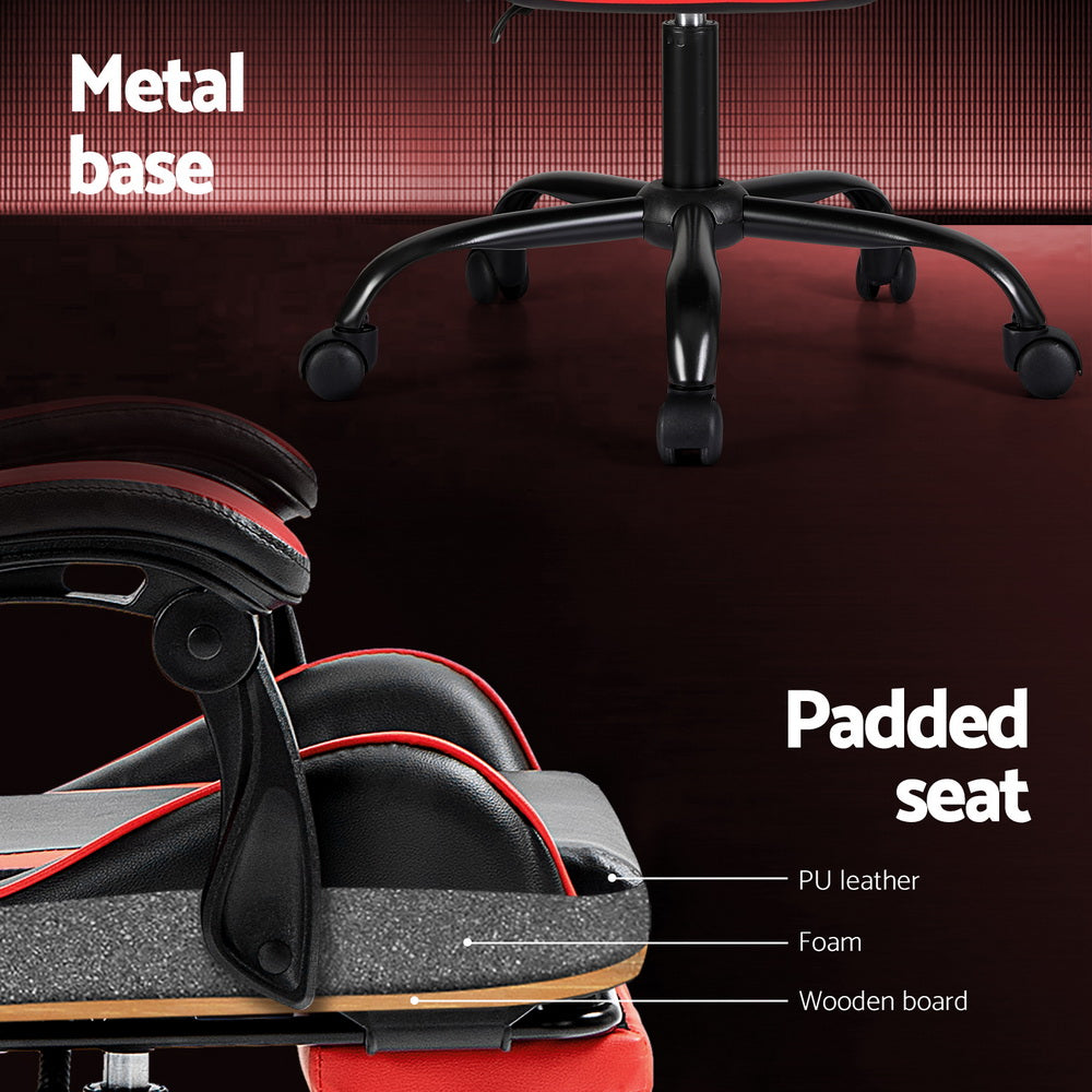 Red Artiss 2 Point Massage Gaming Office Chair footrest with adjustable height and ergonomic design, ideal for comfort and support.