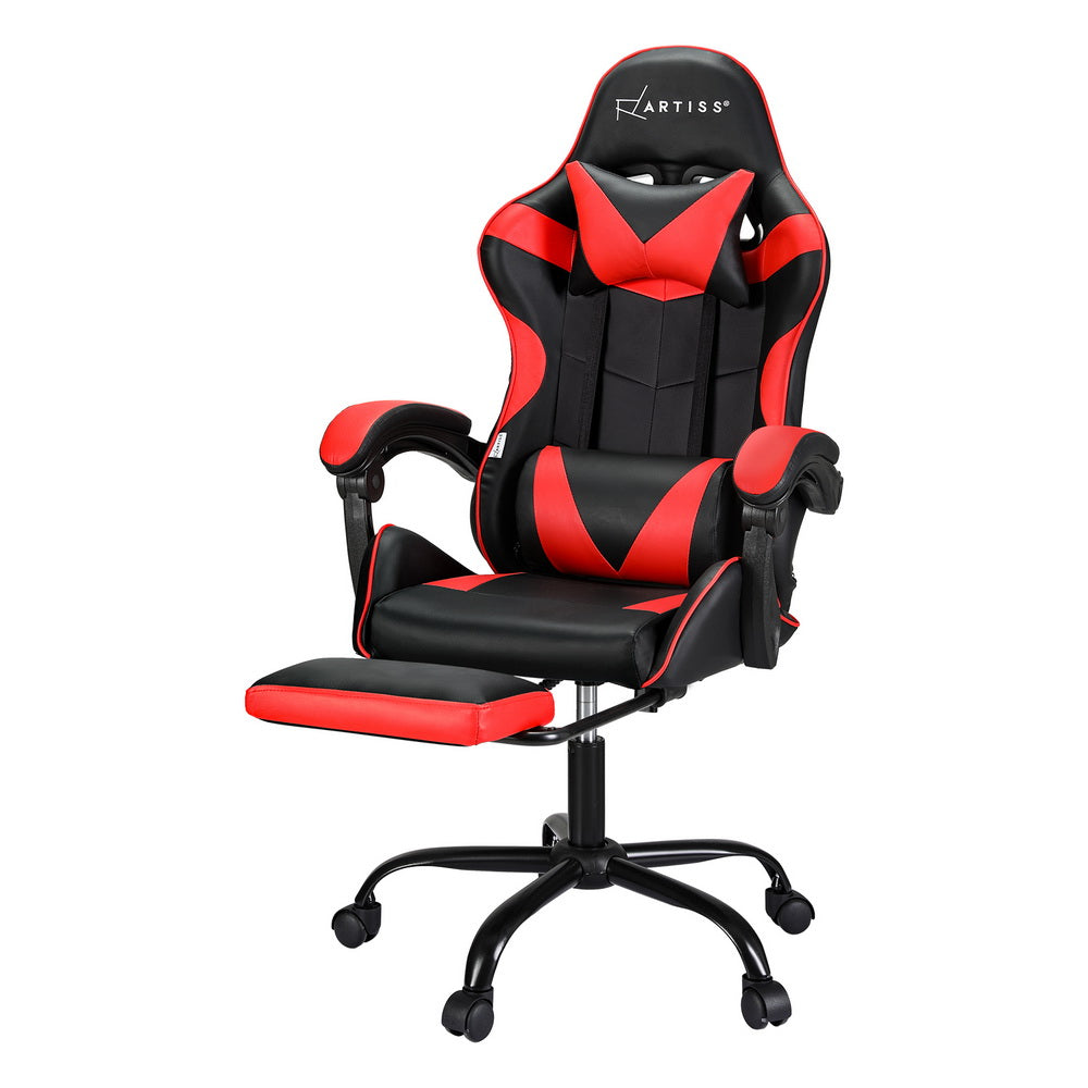 Red Artiss 2-point massage gaming office chair with footrest, featuring ergonomic design and plush cushioning.