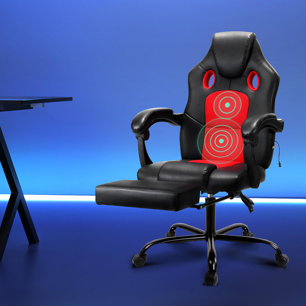 Red Artiss 2 Point Massage Gaming Office Chair with PU leather upholstery, designed for comfort and support during long gaming or work sessions.