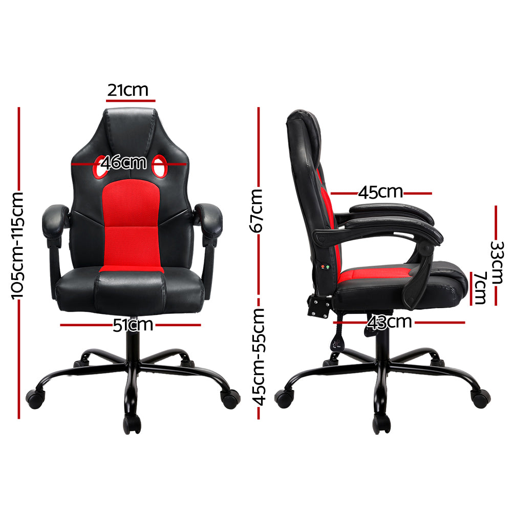 Red Artiss 2 Point Massage Gaming Office Chair with PU leather upholstery, designed for comfort and support.