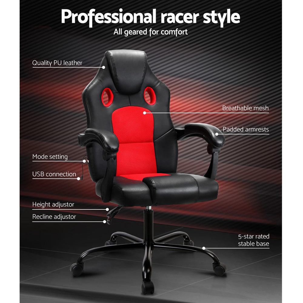 Red Artiss 2 Point Massage Gaming Office Chair with PU leather, ergonomic design, and adjustable features.