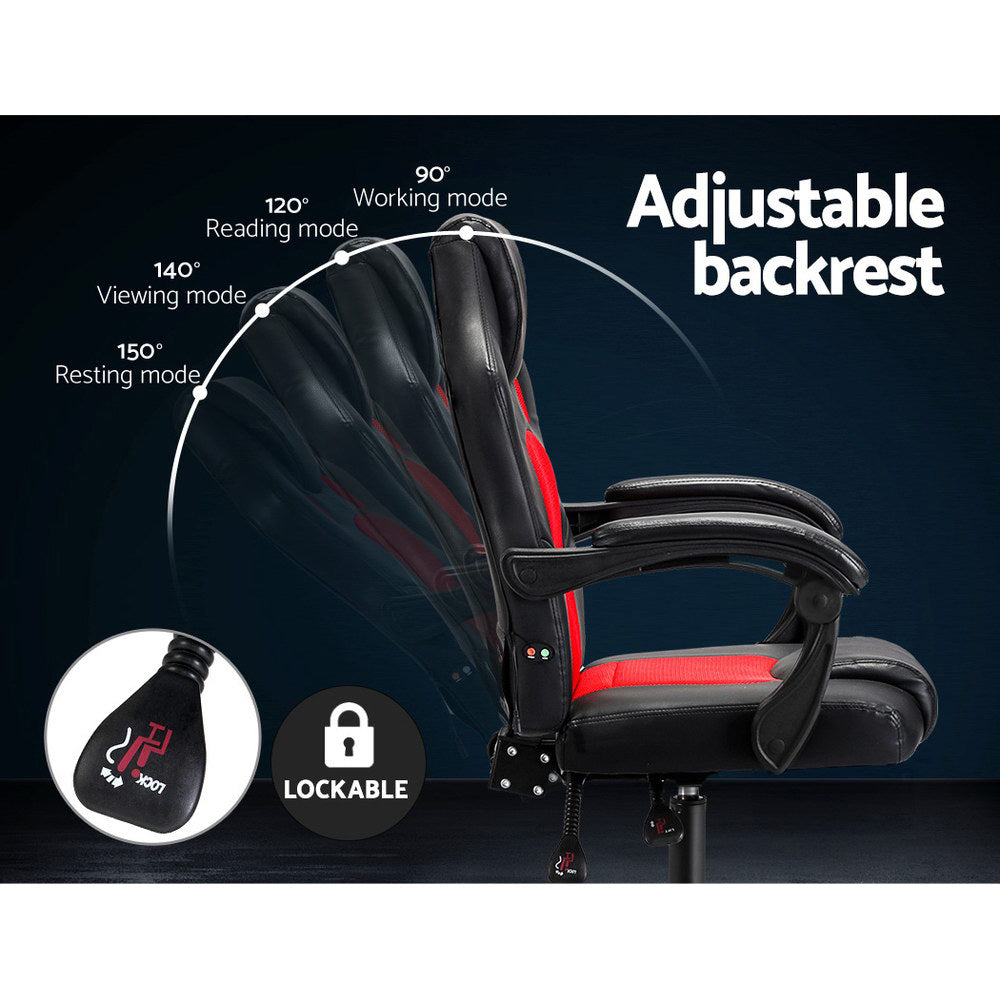 Red Artiss 2-point massage gaming office chair with PU leather upholstery, ergonomic design, and adjustable features.