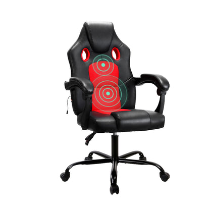 Red Artiss 2 Point Massage Gaming Office Chair with PU leather upholstery, ergonomic design, and adjustable features for comfort.