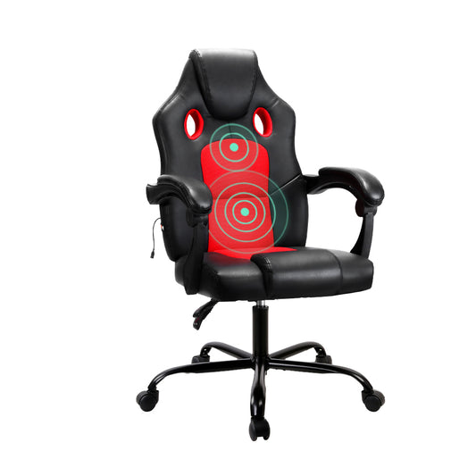 Red Artiss 2 Point Massage Gaming Office Chair with PU leather upholstery, ergonomic design, and adjustable features for comfort.