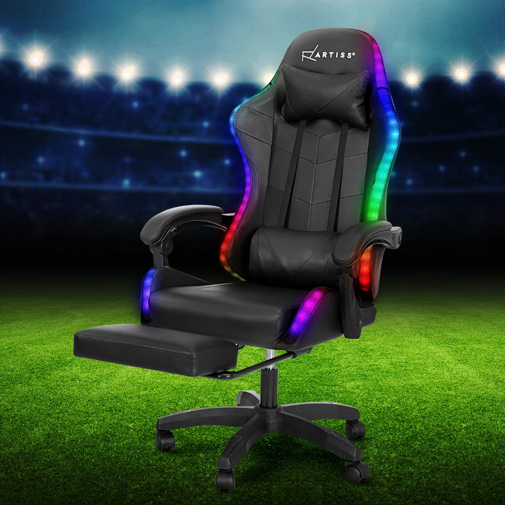 Black Artiss 6-point massage gaming office chair with LED footrest, ergonomic design, and adjustable features for comfort.