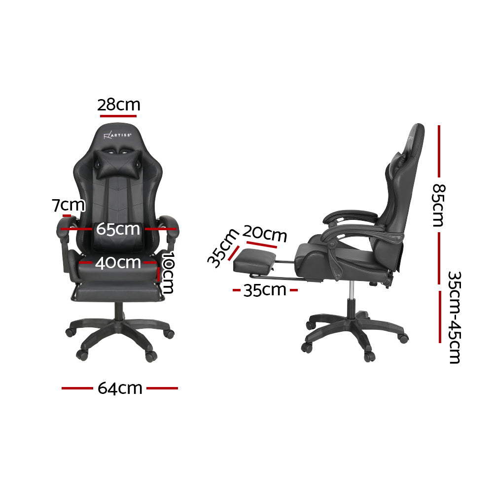 Artiss 6-point massage gaming office chair in black with LED footrest, ergonomic design, ideal for gaming and office use.