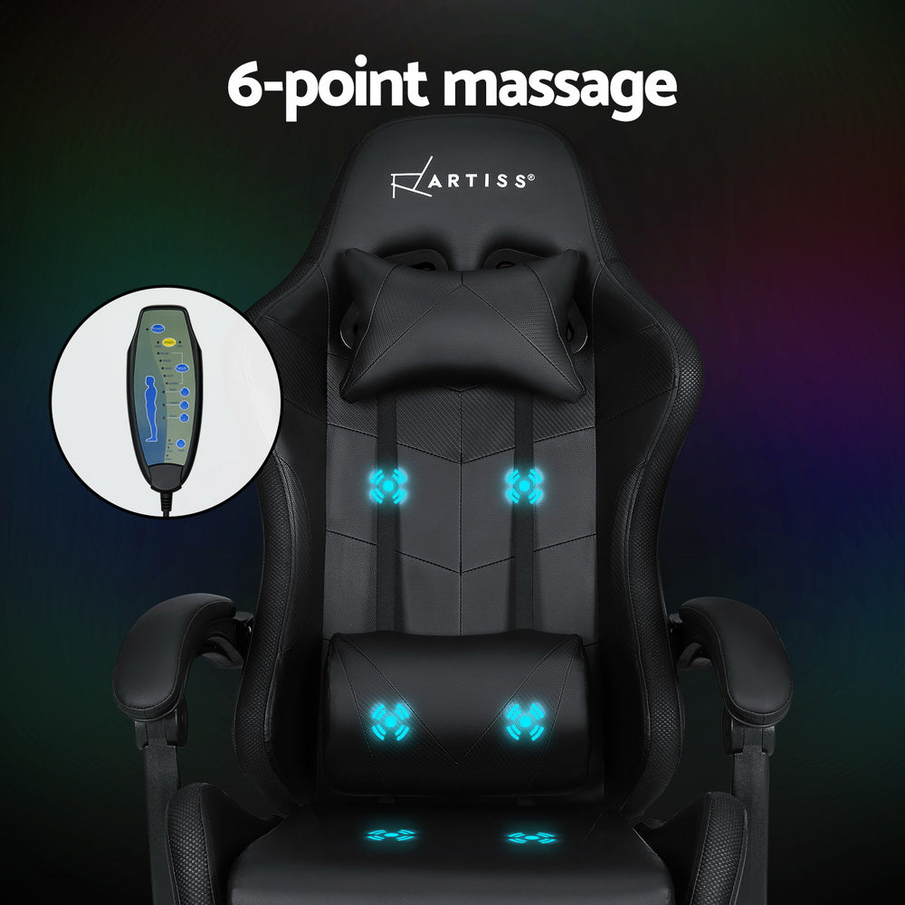 Black Artiss 6-point massage gaming office chair with LED footrest, ergonomic design, and adjustable features for comfort.