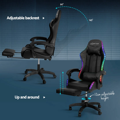 Black Artiss 6-point massage gaming office chair with LED footrest, ergonomic design, and adjustable features for comfort.