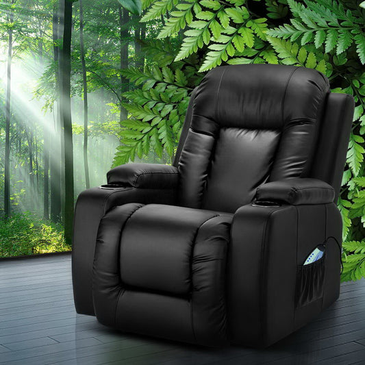 Hlpmedical Artiss electric heated massage recliner chair in black faux leather with adjustable features and padded armrests.
