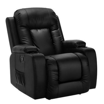 Artiss electric heated massage recliner chair with faux leather upholstery, designed for comfort and relaxation in a cabin style.