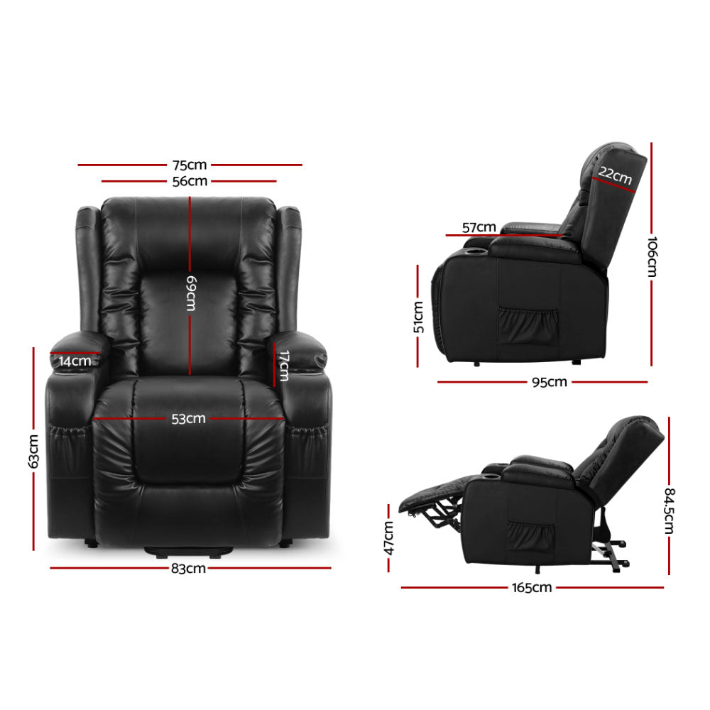 Artiss leather recliner chair with lift assist, heated massage features, designed for comfort and relaxation in modern furniture.
