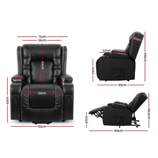 Hlpmedical Artiss recliner chair with lift assist, heated massage feature, leather upholstery, in black color.