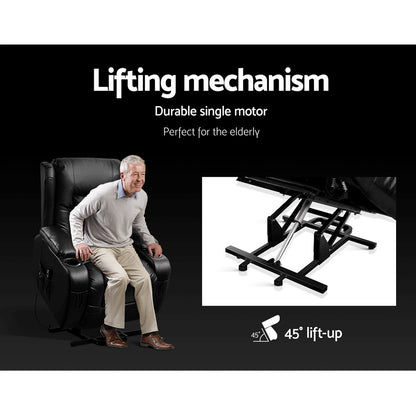 Artiss leather recliner chair with lift assist and heated massage function, designed for comfort and relaxation.