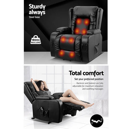 Hlpmedical Artiss recliner chair with lift assist, heated massage feature, leather upholstery, designed for comfort and relaxation.