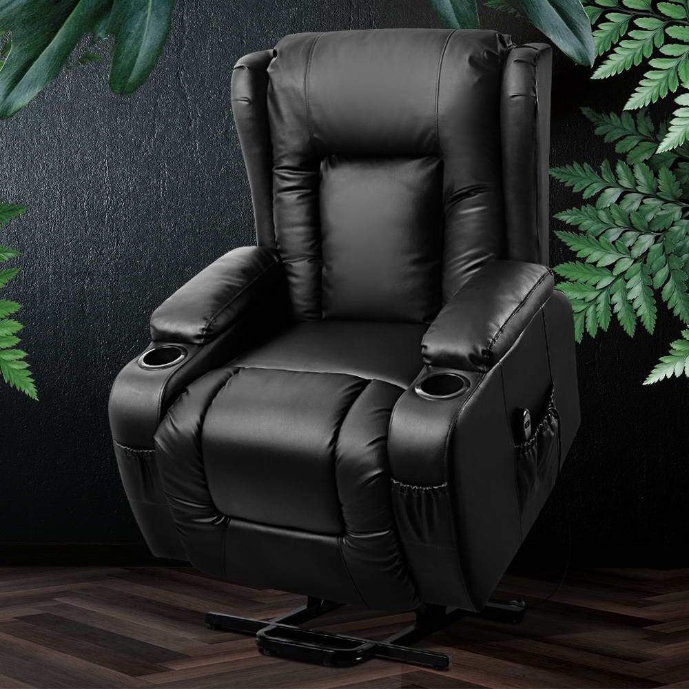 Artiss heated massage recliner chair with leather upholstery, lift assist feature, designed for comfort and relaxation.