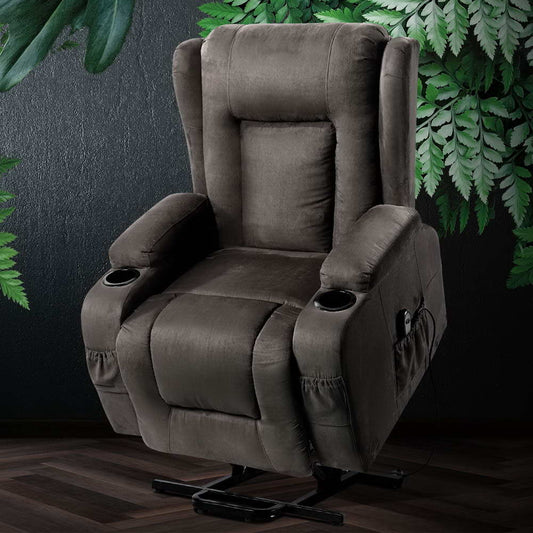 Artiss velvet recliner chair with lift assist and heated massage features, designed for comfort and relaxation.