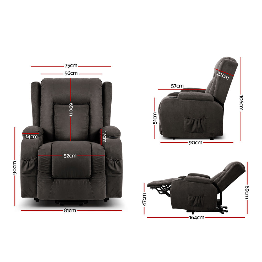 Artiss velvet recliner chair with lift assist and heated massage features, designed for comfort and relaxation.
