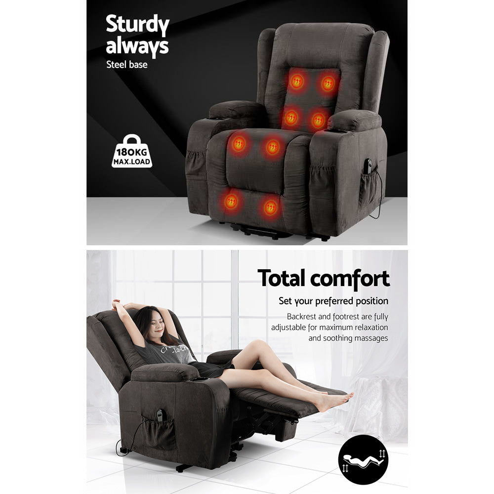 Artiss velvet recliner chair with lift assist and heated massage features, designed for comfort in a stylish living room setting.