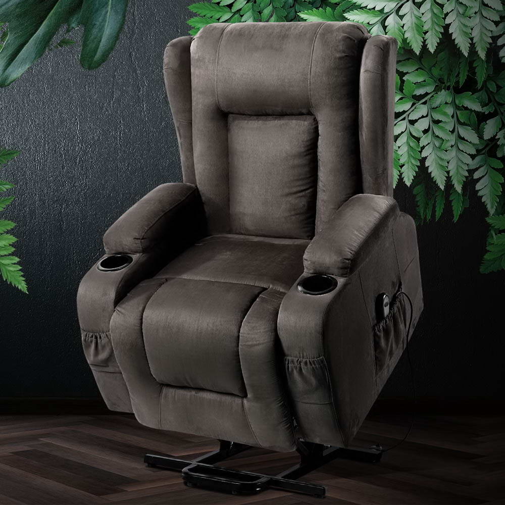 Artiss velvet recliner chair with lift assist and heated massage features, designed for comfort and relaxation in modern living spaces.