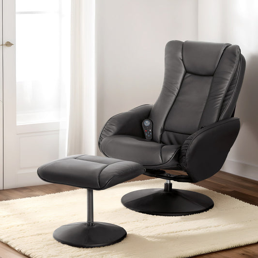 Black Artiss recliner chair with matching ottoman, featuring heated massage functions, designed for comfortable relaxation.