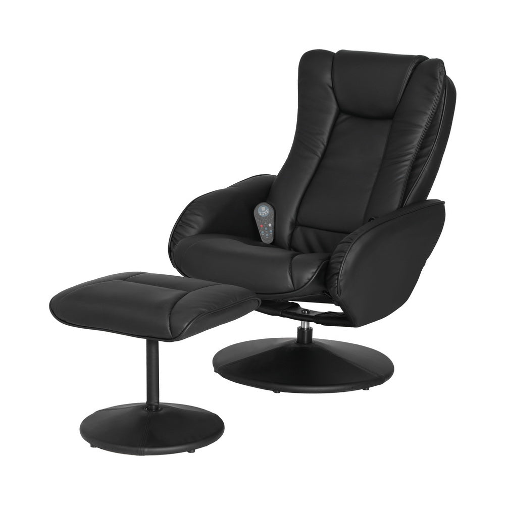 Black Artiss recliner chair with matching ottoman, featuring built-in heated massage function and padded upholstery for comfort.