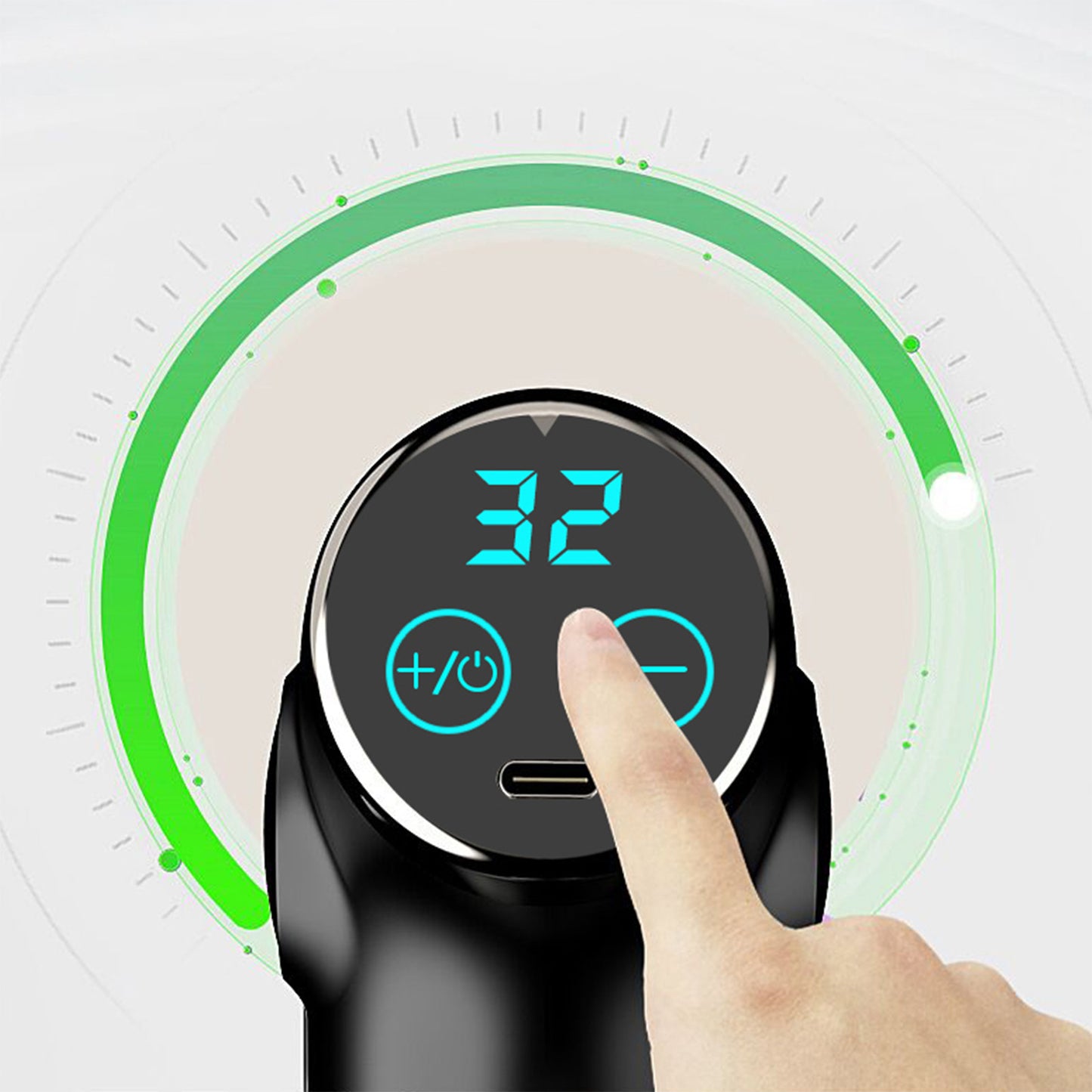 Hlpmedical FitSmart LCD display mini vibration therapy massage device in black, designed for relaxation and muscle relief.