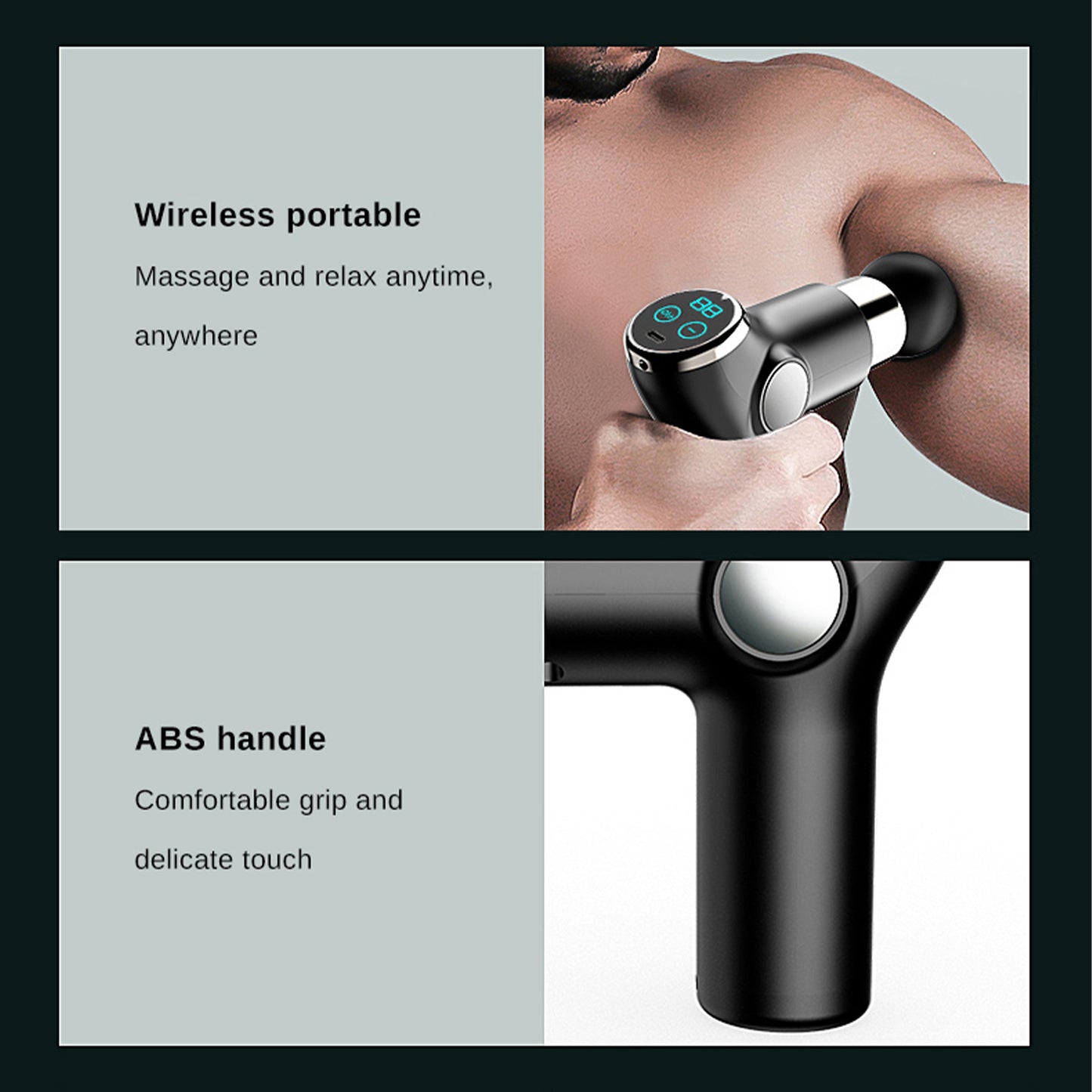 Hlpmedical FitSmart LCD display mini vibration therapy massage device in black, designed for relaxation and muscle relief.