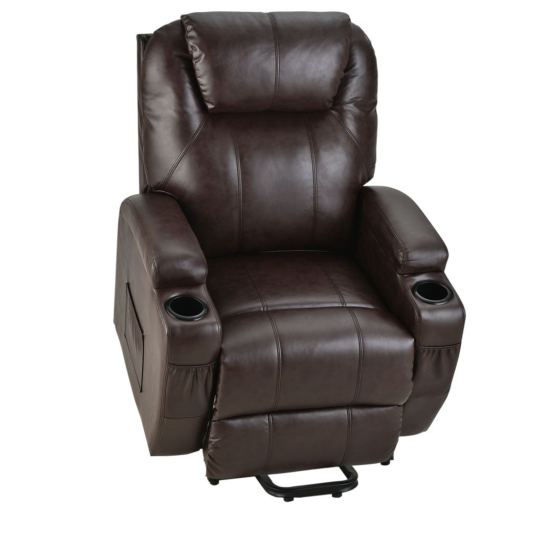 Fortia electric massage lift recliner chair in dark crimson faux leather with 8-point massage and heating feature, by Hlpmedical.
