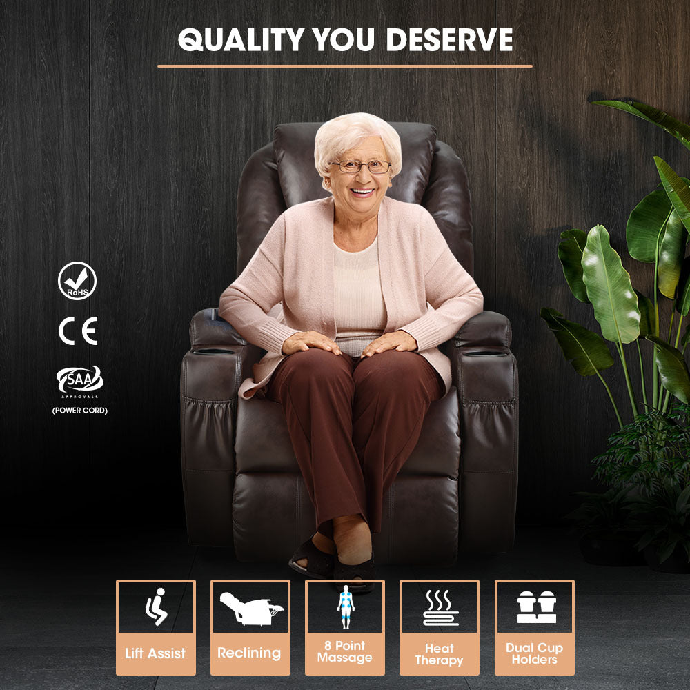 Hlpmedical Fortia electric massage lift recliner chair in dark crimson faux leather with 8-point massage and heating features.