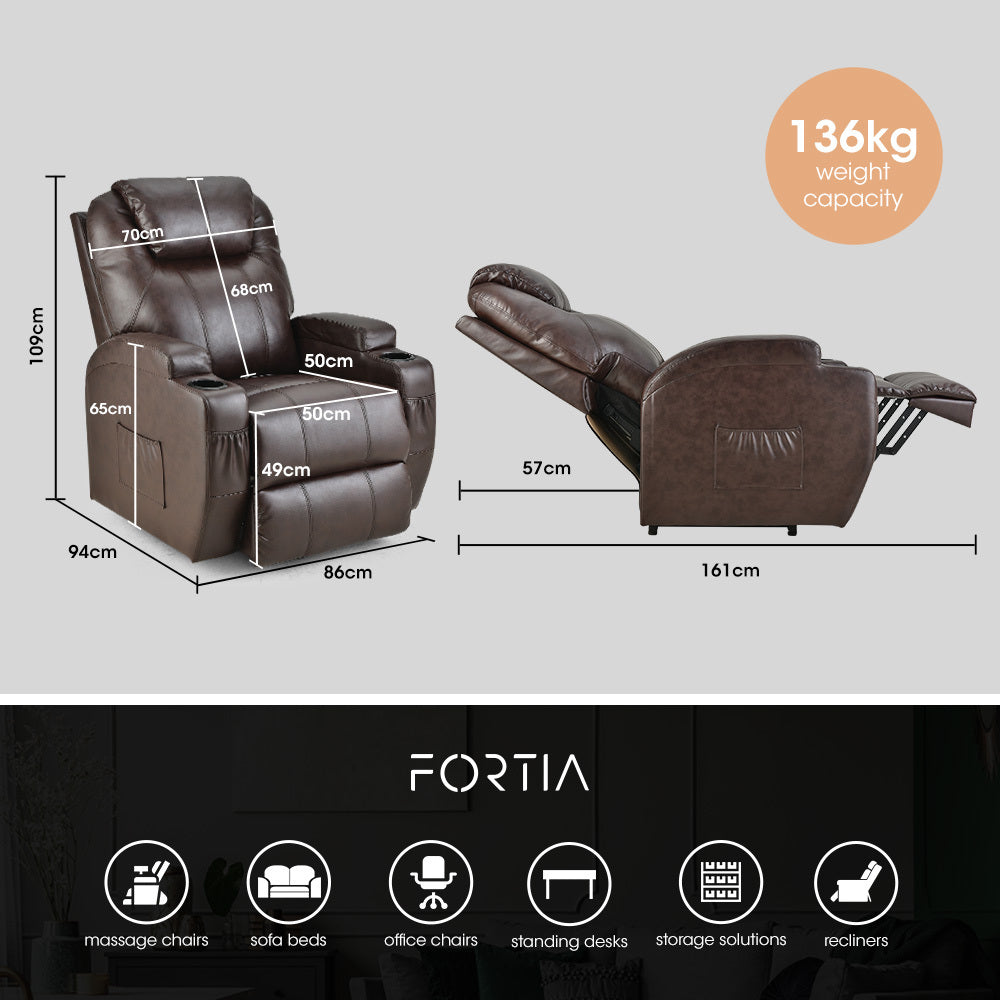 Fortia electric massage lift recliner chair in dark crimson faux leather with 8-point massage and heating features.