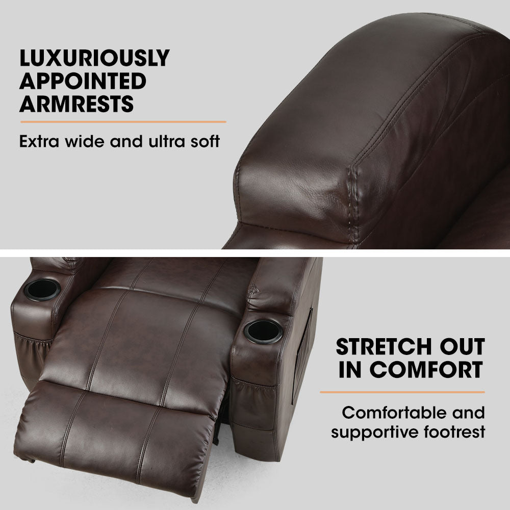Hlpmedical FORTIA electric massage lift recliner chair in dark crimson faux leather with 8-point massage and heating features.