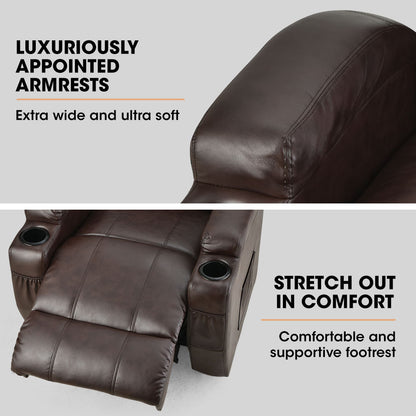 Hlpmedical FORTIA electric massage lift recliner chair in dark crimson faux leather with 8-point massage and heating features.