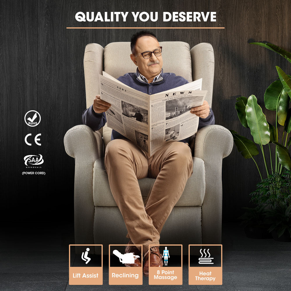 Hlpmedical FORTIA electric recliner lift chair for elderly with beige upholstery, showing its padded seat, backrest, and armrests.