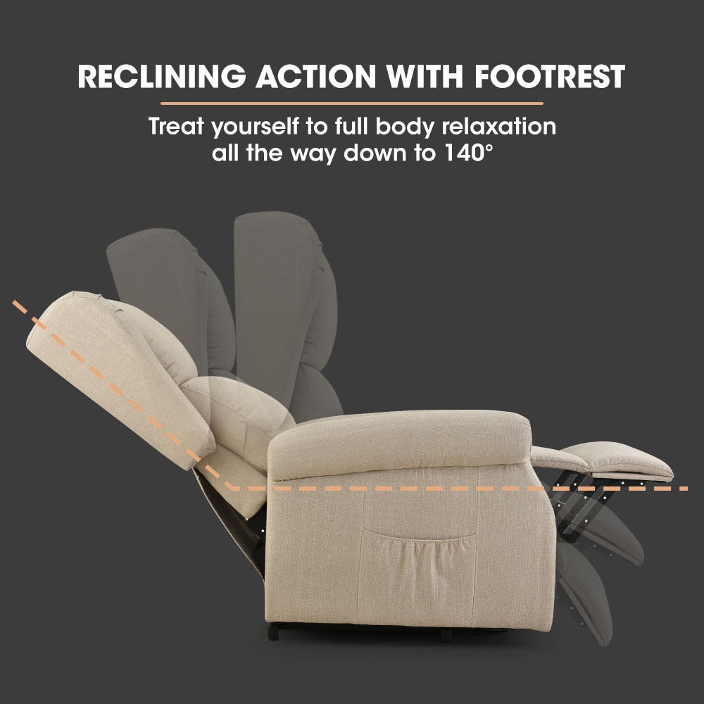 Hlpmedical FORTIA electric recliner lift chair for elderly with massage and heat therapy, beige upholstered furniture.