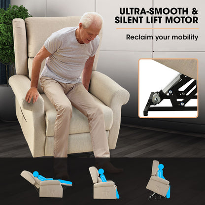 Hlpmedical FORTIA electric recliner lift heat chair for elderly with beige upholstery, massage and heat therapy features.