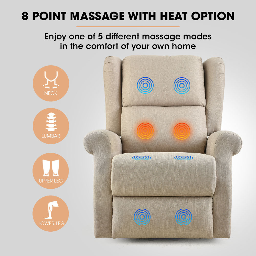 Hlpmedical Fortia electric recliner lift heat chair for elderly with beige upholstery, featuring massage and heat therapy functions.
