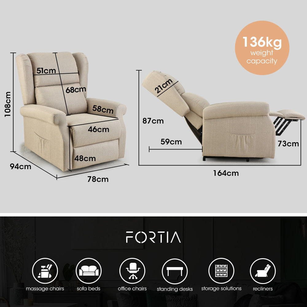 Hlpmedical FORTIA electric recliner lift chair in beige with massage and heat therapy features for elderly comfort.