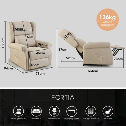 Hlpmedical FORTIA electric recliner lift chair in beige with massage and heat therapy features for elderly comfort.