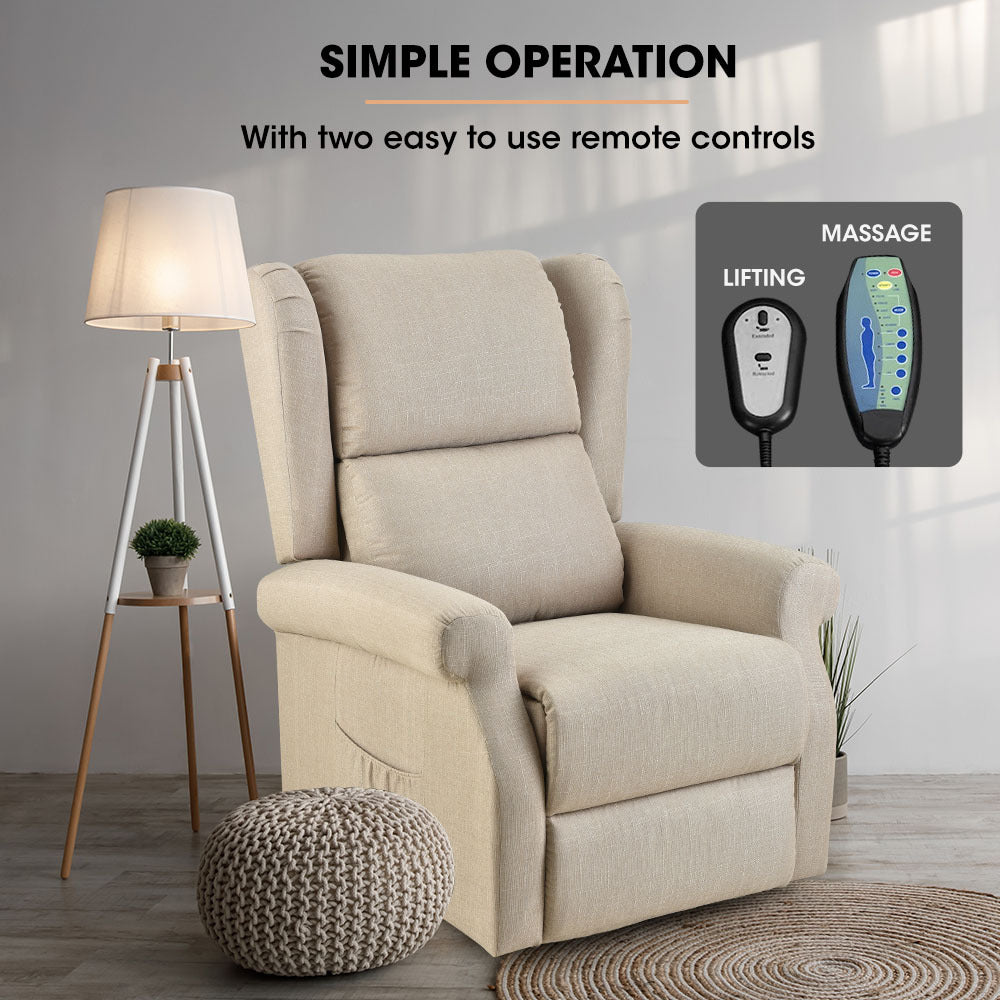 Hlpmedical FORTIA electric recliner lift chair for elderly with massage and heat therapy, beige comfort furniture for aged care.