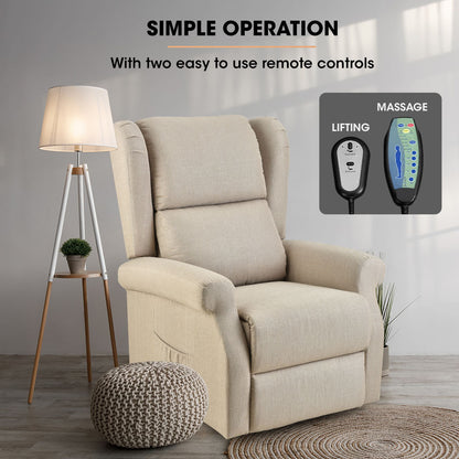 Hlpmedical FORTIA electric recliner lift chair for elderly with massage and heat therapy, beige comfort furniture for aged care.