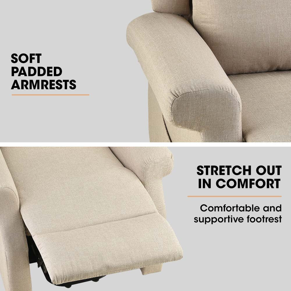 Hlpmedical FORTIA electric recliner lift chair for elderly with massage and heat therapy in beige, designed for comfort and aged care.