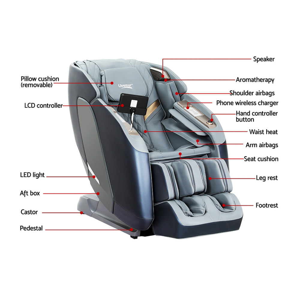 Livemor 4D massage chair recliner with SL track, full-body zero gravity, heated, AI body scan, in modern furniture setting.