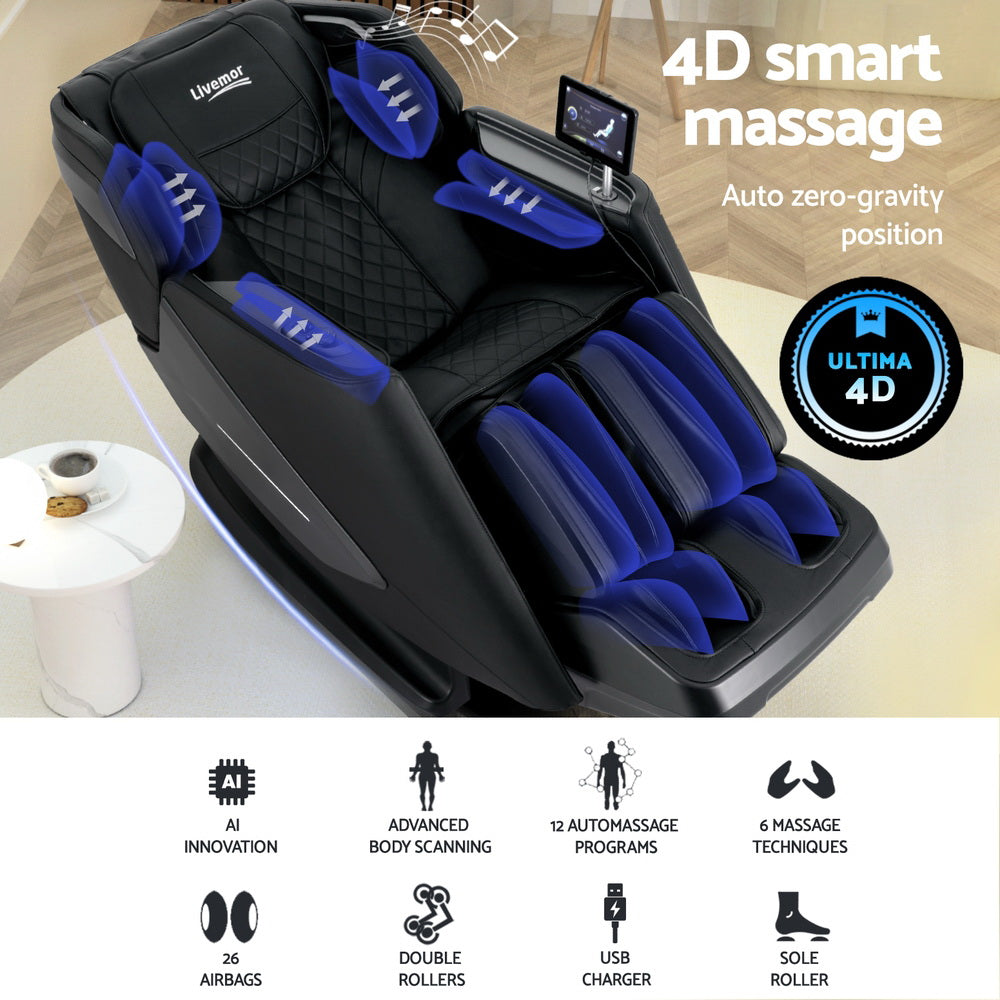 Hlpmedical Livemor 4D Massage Chair Recliner with SL Track, full-body zero gravity, heated AI body scan, and modern comfort features.