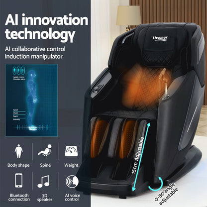 Hlpmedical Livemor 4D massage chair recliner with SL track, full body zero gravity, heated massage, AI body scan, modern design.