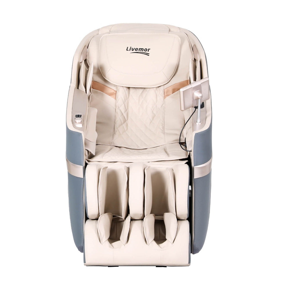 Hlpmedical Livemor 4D Massage Chair recliner with SL Track, full-body zero gravity, heated, AI body scan, in a modern furniture setting.