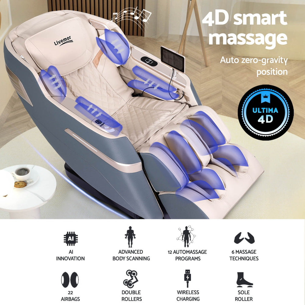 Hlpmedical Livemor 4D Massage Chair Recliner with SL track, zero gravity, heated massage, AI body scan, full-body design.