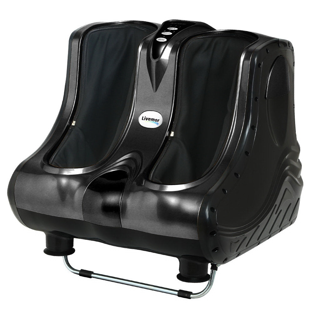 Livemor electric foot massager by Hlpmedical with shiatsu rollers, kneading ankle and calf massage in black.