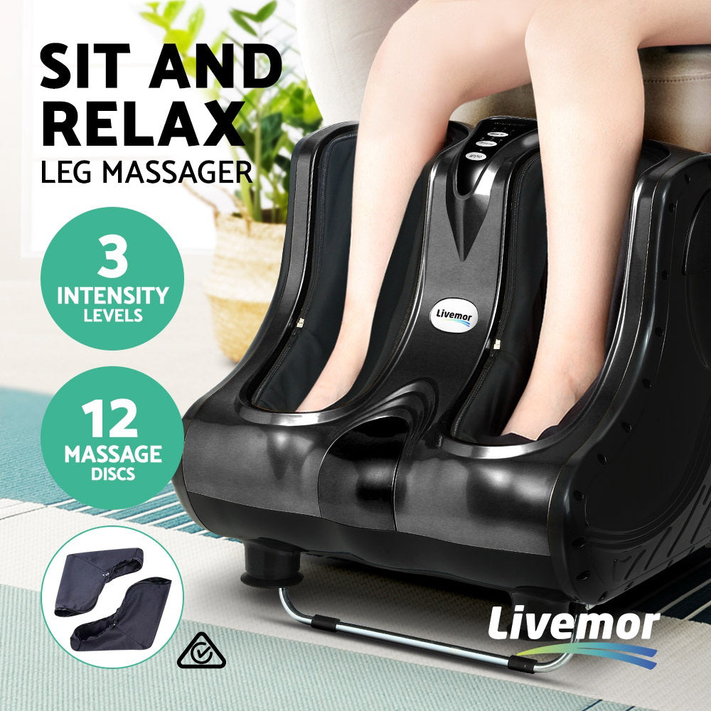 Livemor electric foot massager by Hlpmedical with shiatsu rollers for ankle, calf, and leg kneading in black, designed for relaxing massage.